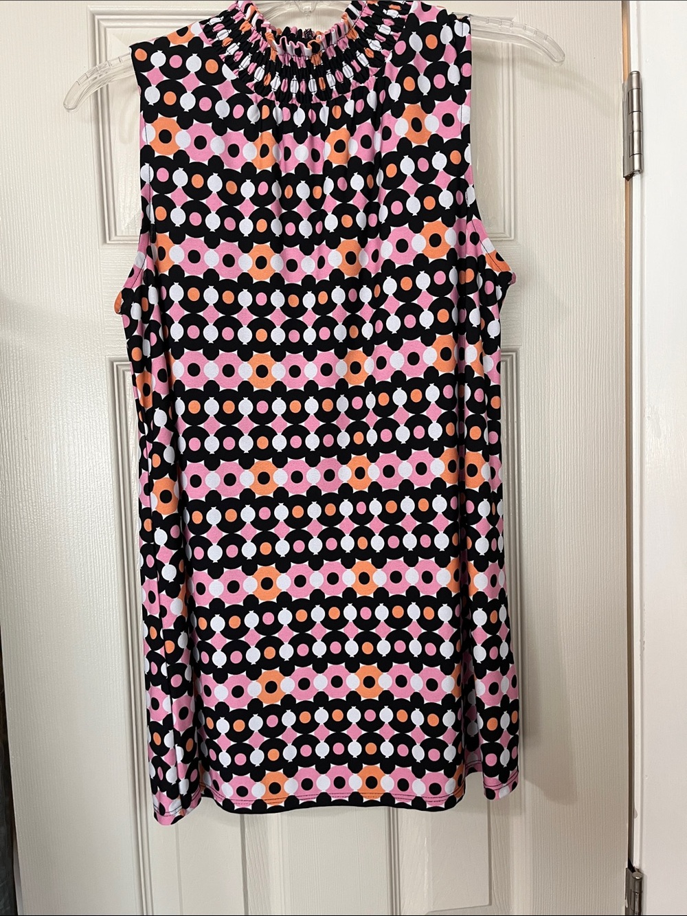 Cato Smocked Neck Geometric Dot Sleeveless Camisole — Pink, Black & Orange